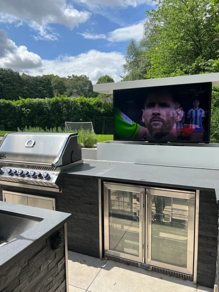 Luxury outdoor living space with integrated outdoor TV, UK