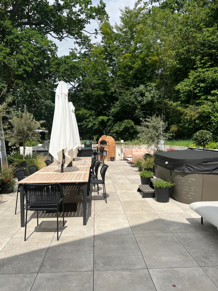 Luxury outdoor living space with integrated garden audio and outdoor TV, UK
